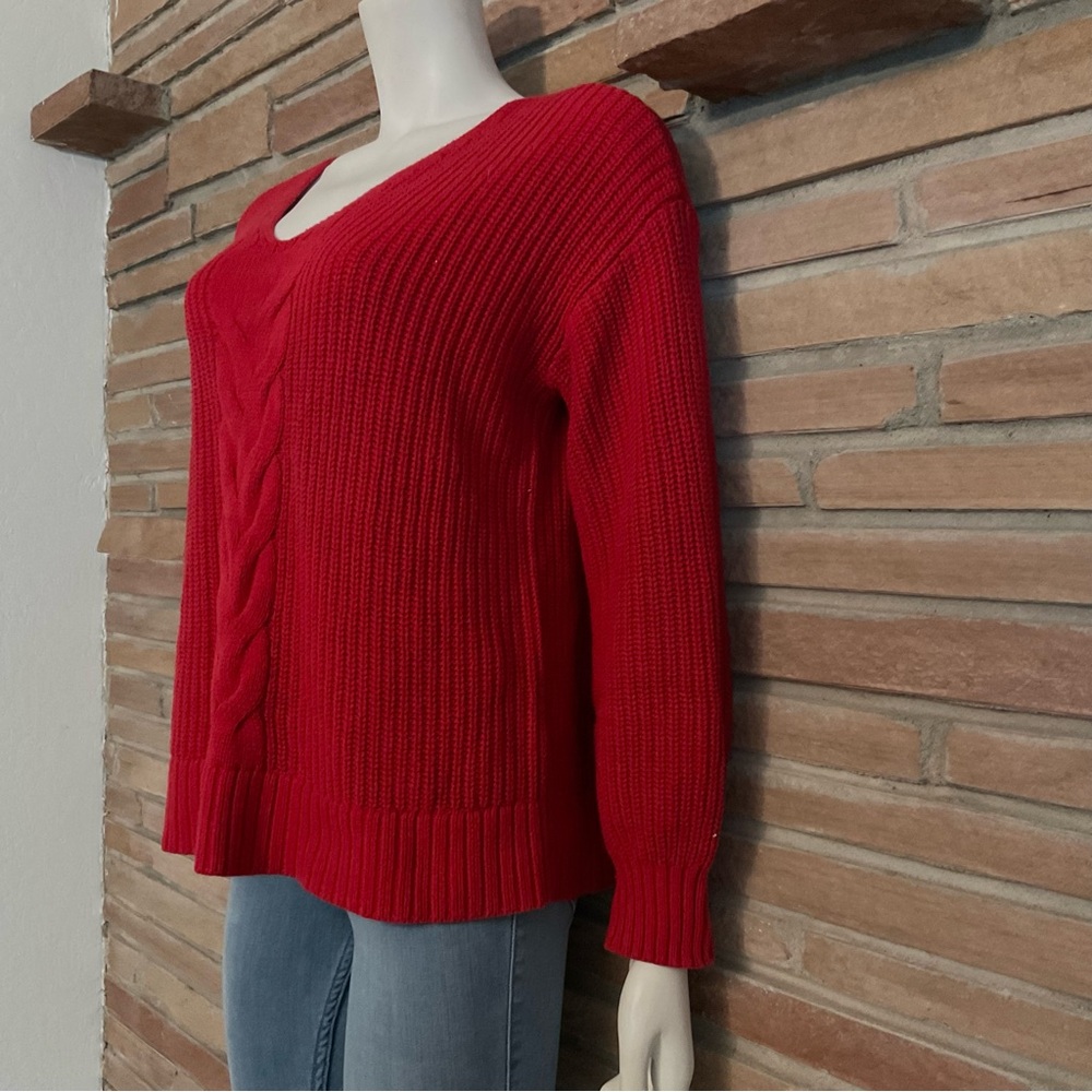 Style & Co Red Cotton Blend Sweater Cable Knit Accent Large